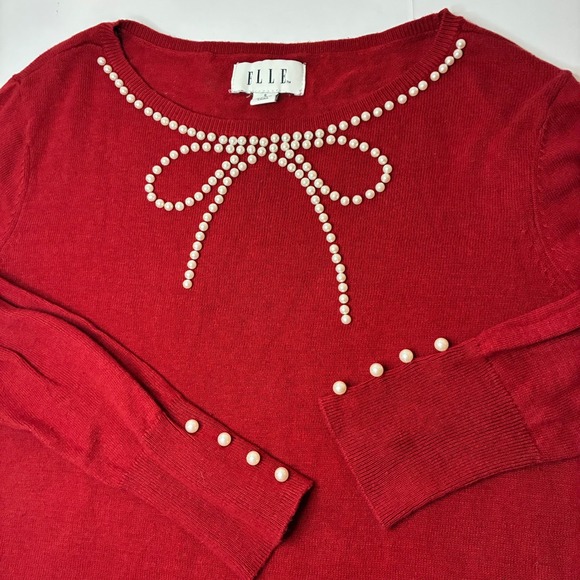 Elle Sweaters - Elle Womens Red Holiday Top Pearl Bow Sweater Small Coquette Crew Knit Party